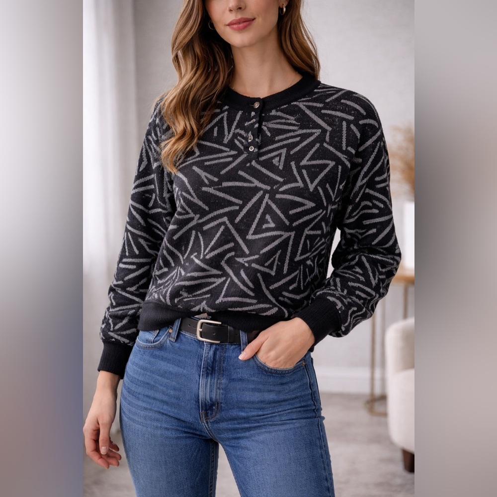 Vintage Koret USA Black Geometric Knit Sweater Retro